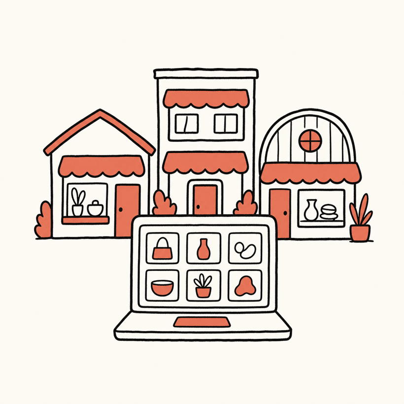 Three varied hand-drawn storefronts behind a laptop showing a simple product grid